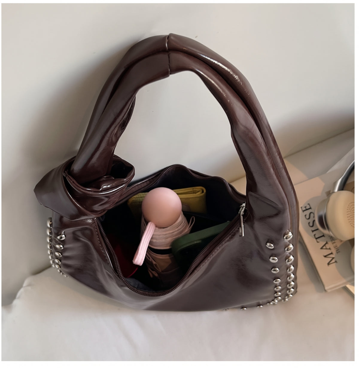 Slouchy Studded PU Shoulder Hobo Bag