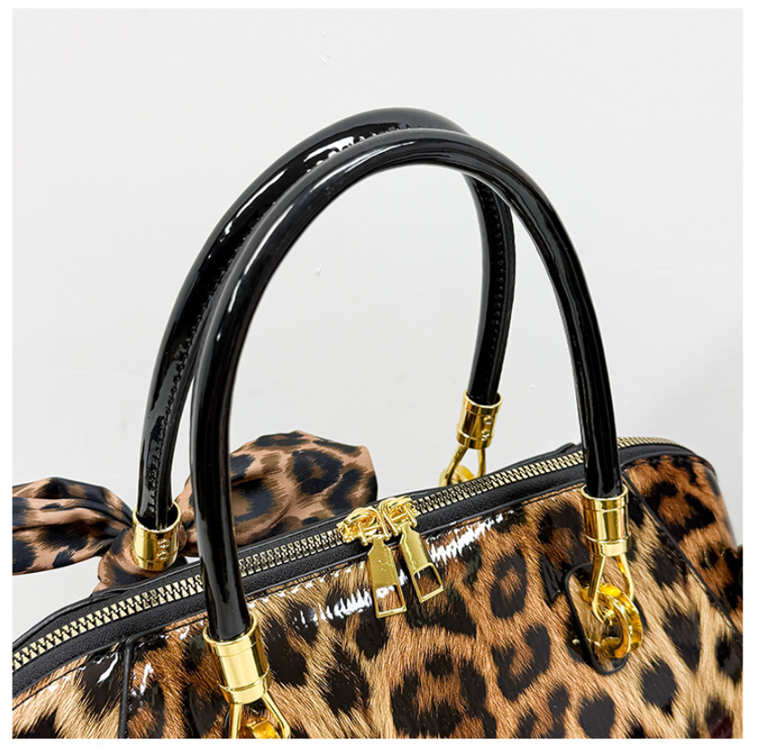 Glossy Leopard Print Bow Handbag