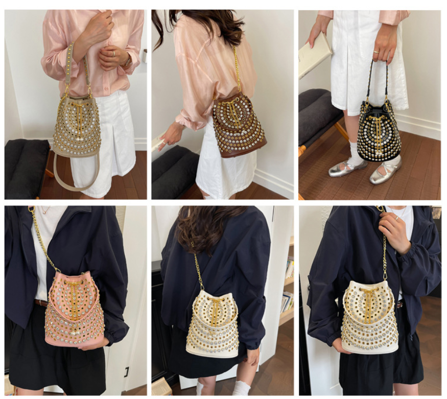Rhinestone Studded Drawstring Bucket Shoulder Bag