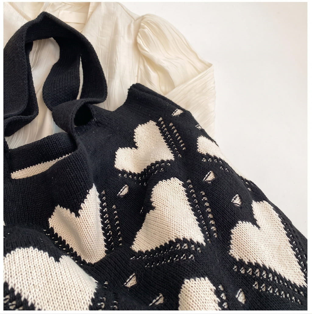 Heart Pattern Crochet Knit Shoulder Tote Bag