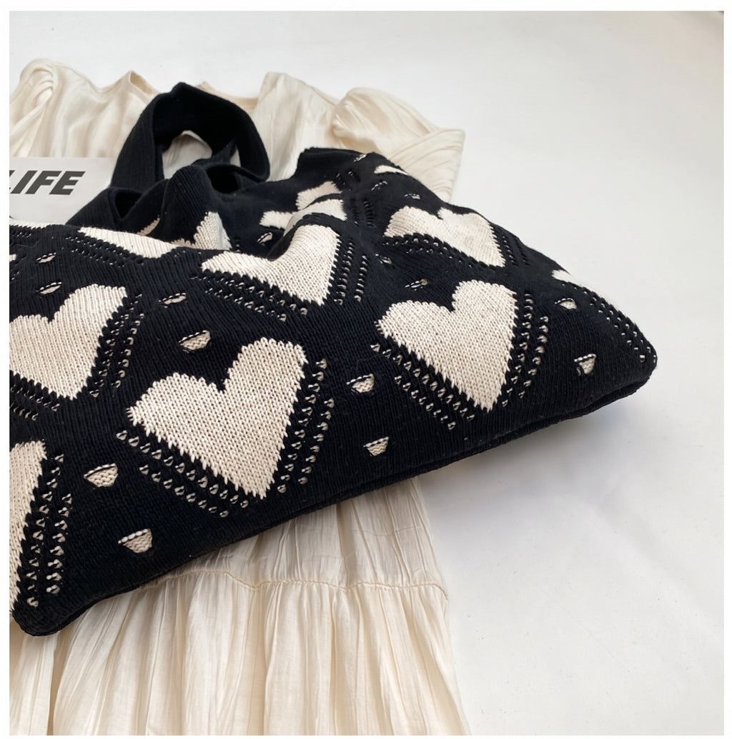 Heart Pattern Crochet Knit Shoulder Tote Bag