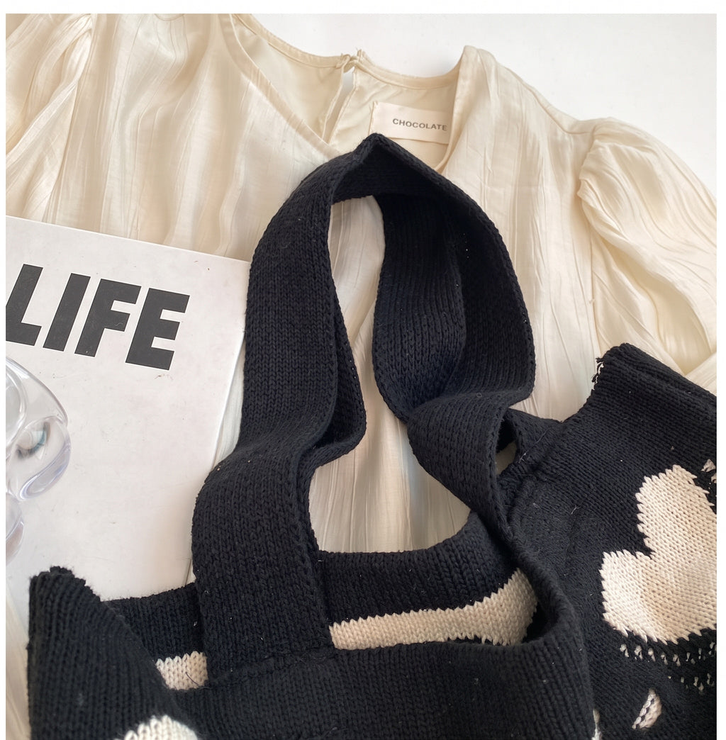 Heart Pattern Crochet Knit Shoulder Tote Bag