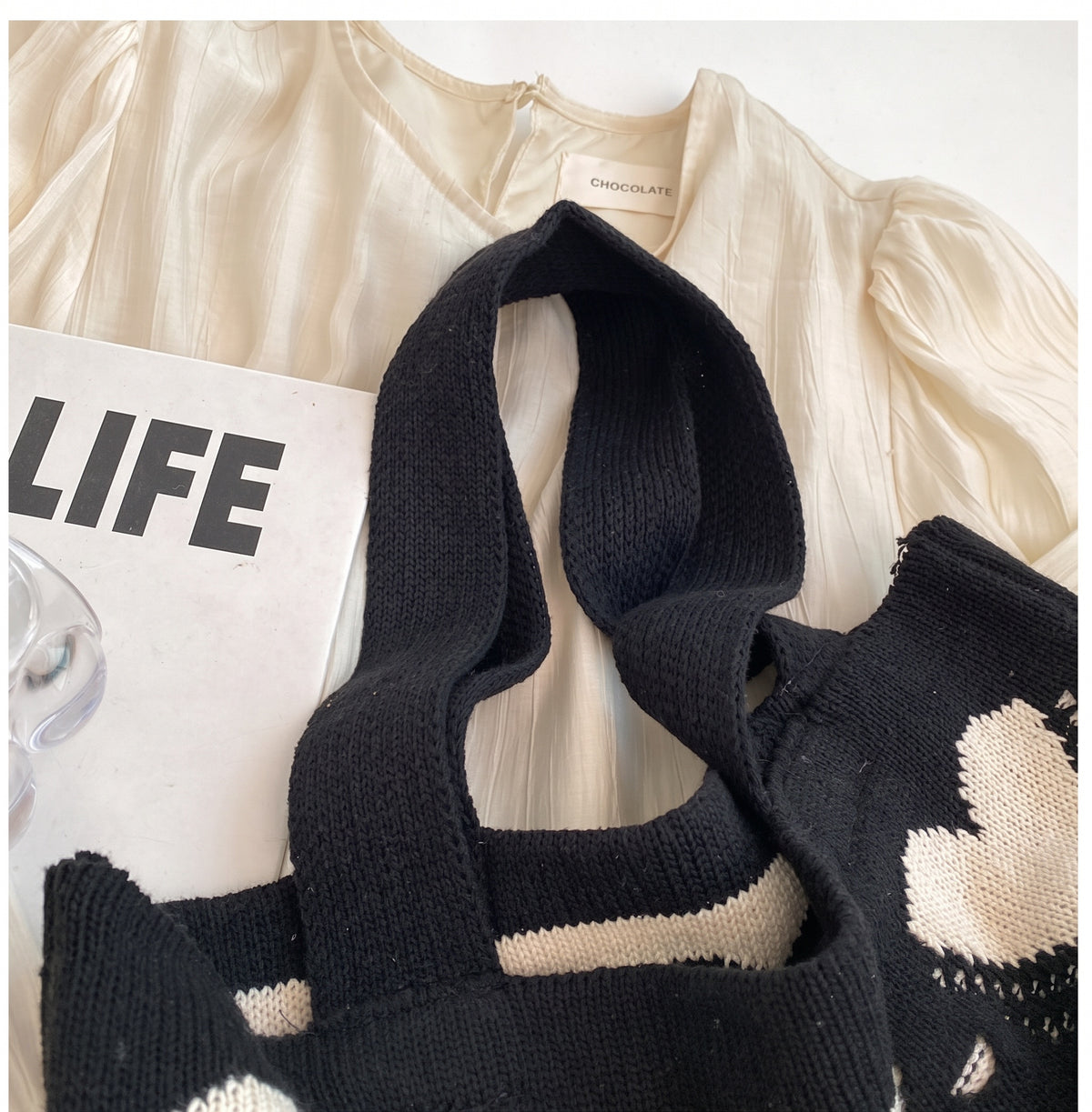 Heart Pattern Crochet Knit Shoulder Tote Bag