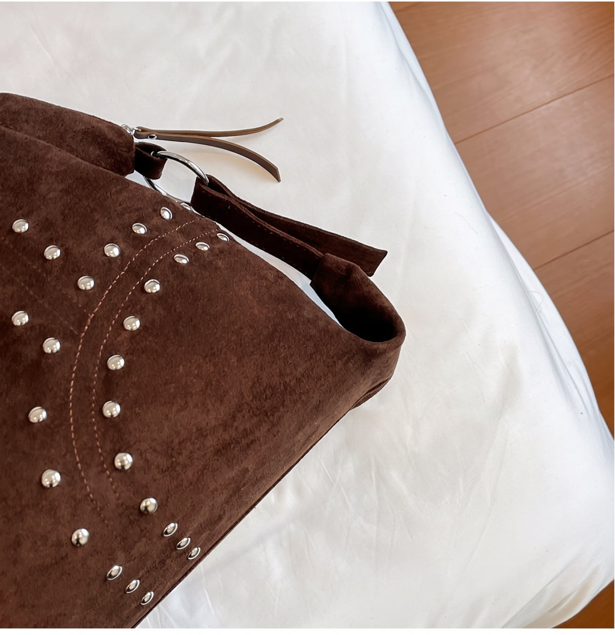 Vintage Faux Suede Studded Shoulder Tote Bag with Patterned Scarf Accent