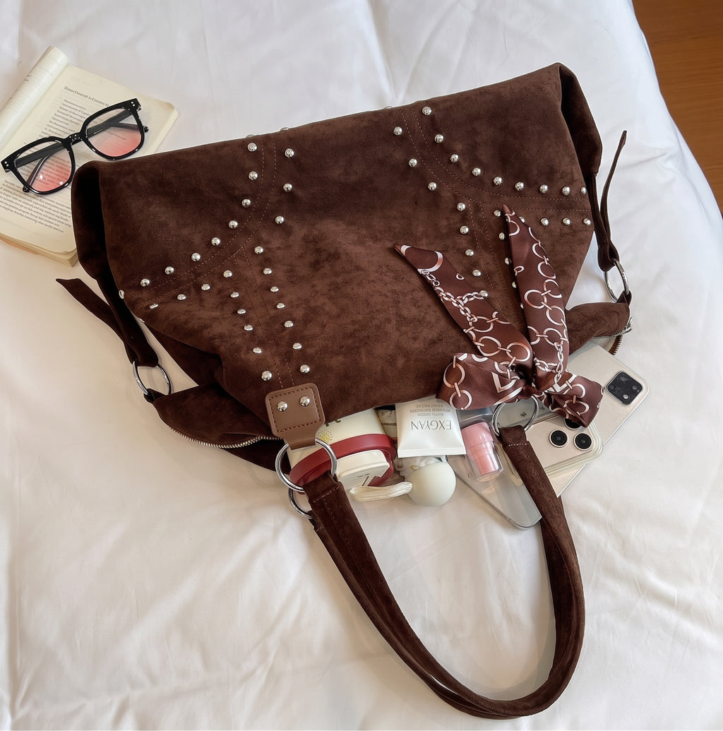 Vintage Faux Suede Studded Shoulder Tote Bag with Patterned Scarf Accent