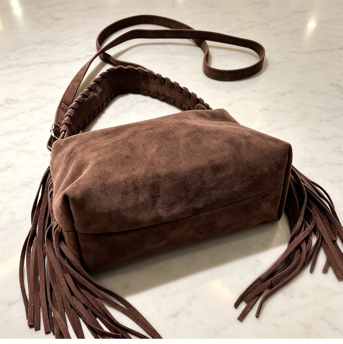 Vintage Faux Suede Fringe Hobo Shoulder Bag with Braided Strap