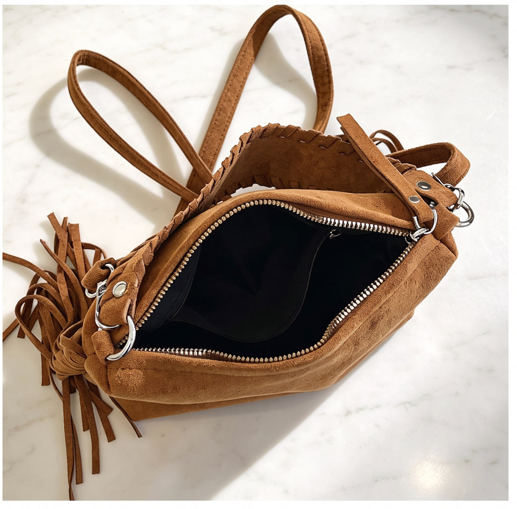 Vintage Faux Suede Fringe Hobo Shoulder Bag with Braided Strap