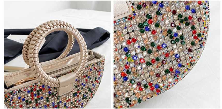 Rhinestone Embellished Half Moon Handbag with Braided Round Handles