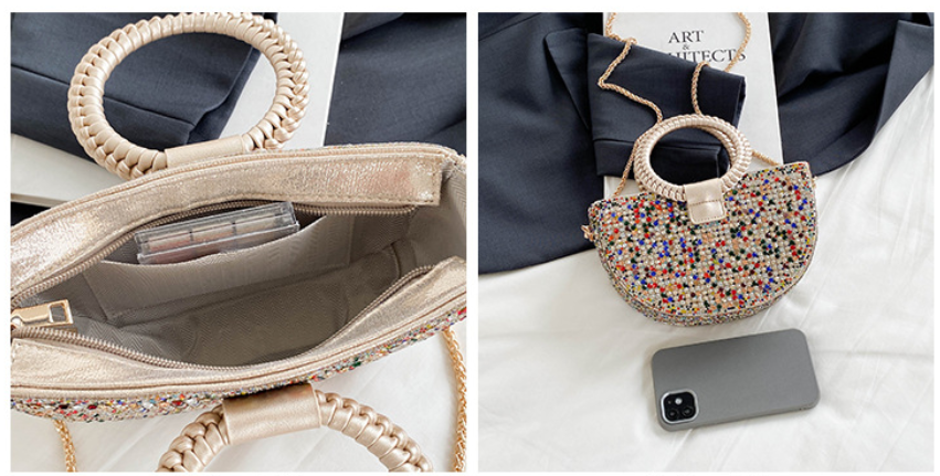Rhinestone Embellished Half Moon Handbag with Braided Round Handles