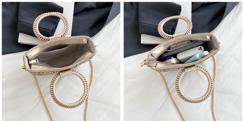 Rhinestone Embellished Half Moon Handbag with Braided Round Handles