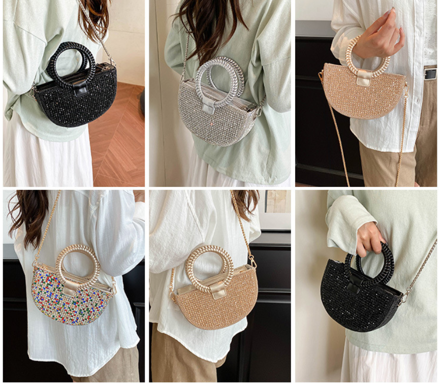 Rhinestone Embellished Half Moon Handbag with Braided Round Handles