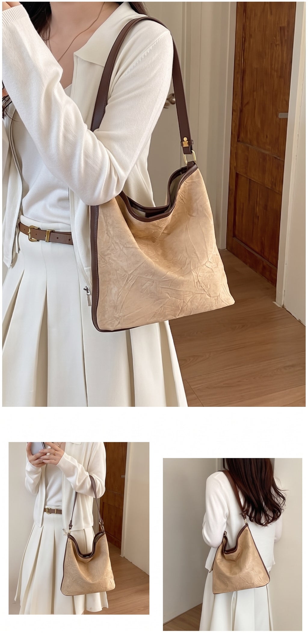 Vintage Faux Suede Slouchy Hobo Shoulder Bag with Crossbody Strap