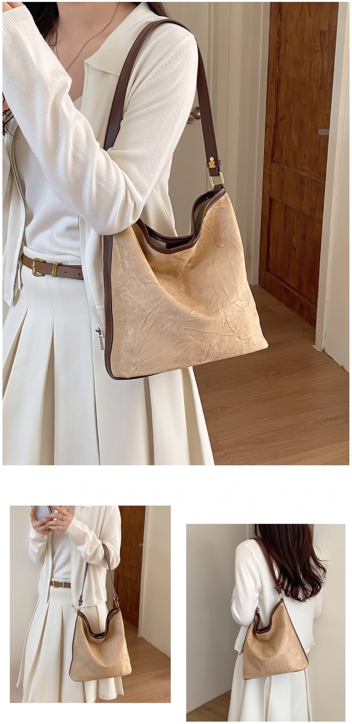 Vintage Faux Suede Slouchy Hobo Shoulder Bag with Crossbody Strap
