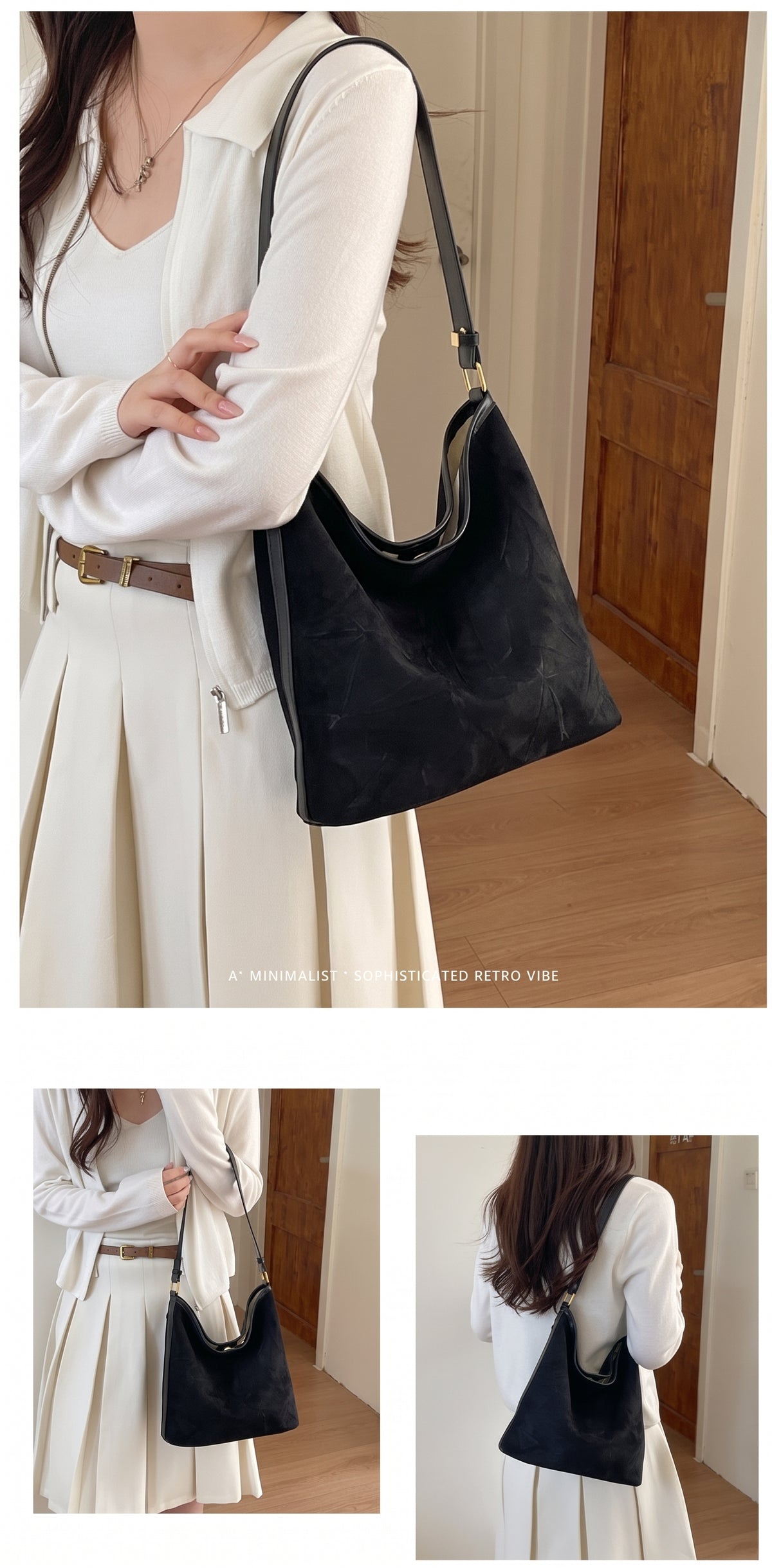 Vintage Faux Suede Slouchy Hobo Shoulder Bag with Crossbody Strap