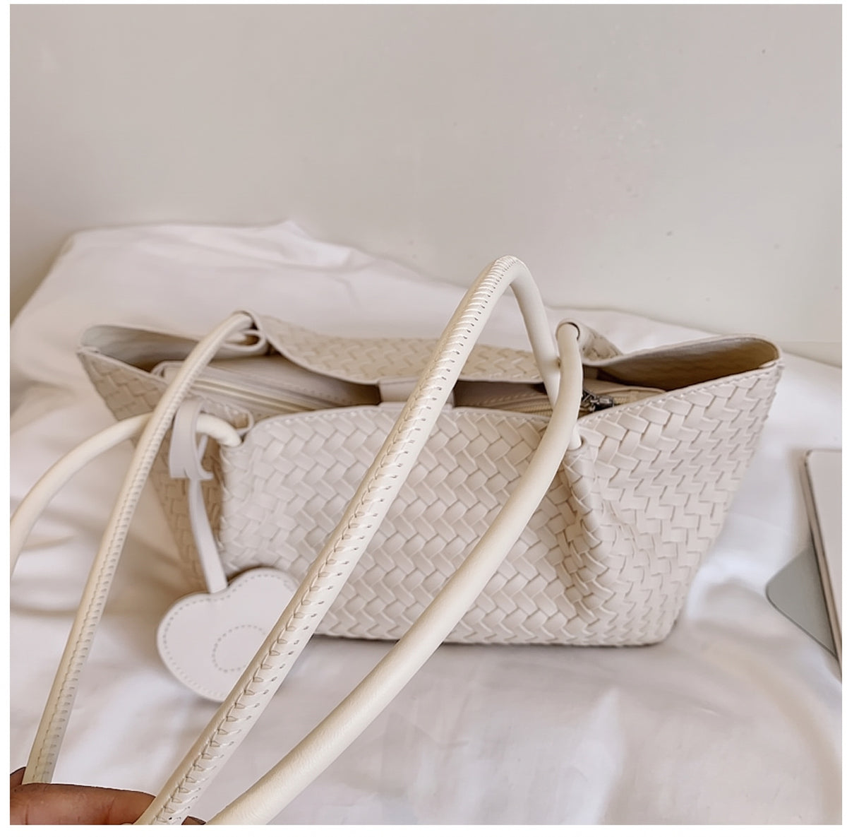 Woven PU Leather Shoulder Tote Bag with Heart Charm