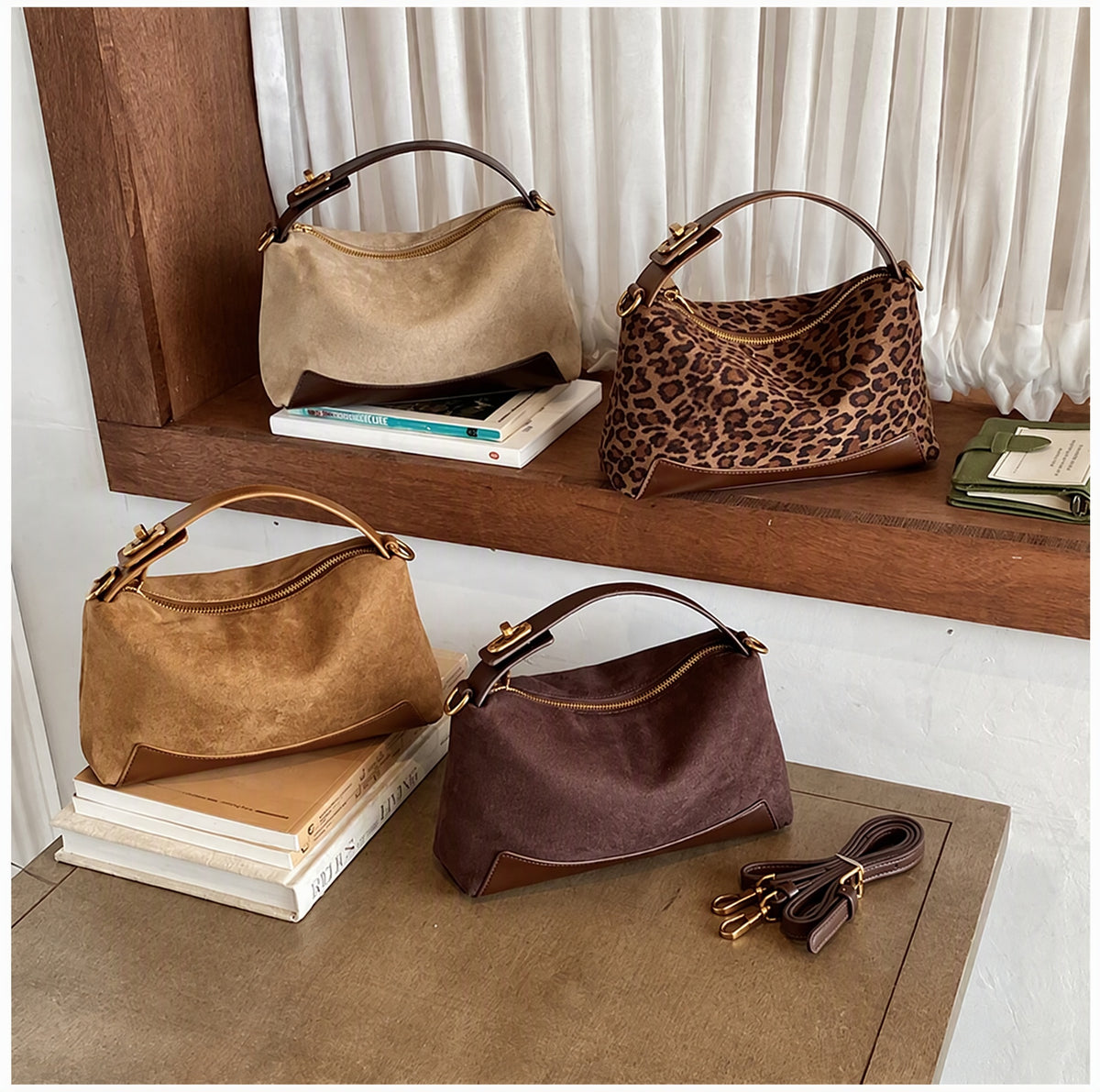 Vintage Faux Suede Mini Shoulder Bag with Adjustable Strap