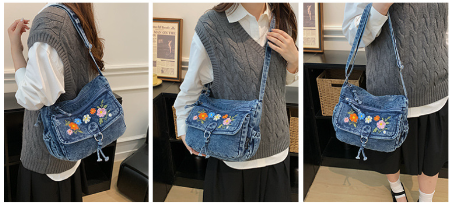 Floral Embroidered Denim Shoulder Bag with Adjustable Strap