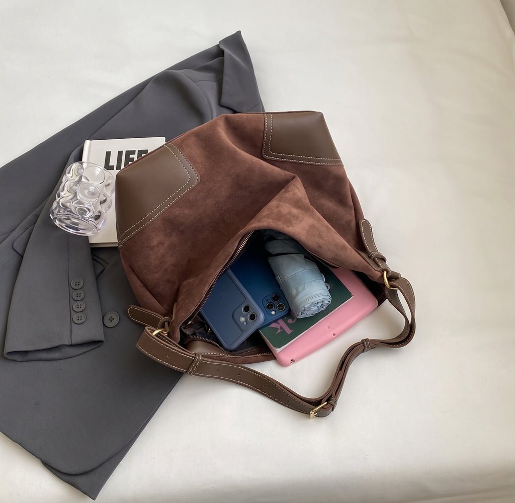 Vintage Suede Hobo Shoulder Bag with PU Leather Accents