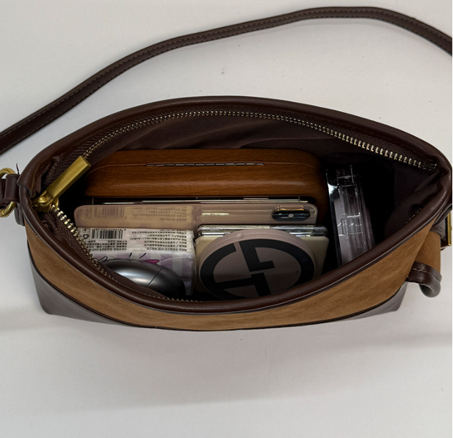 Vintage Faux Suede Shoulder Bag with PU Leather Trim