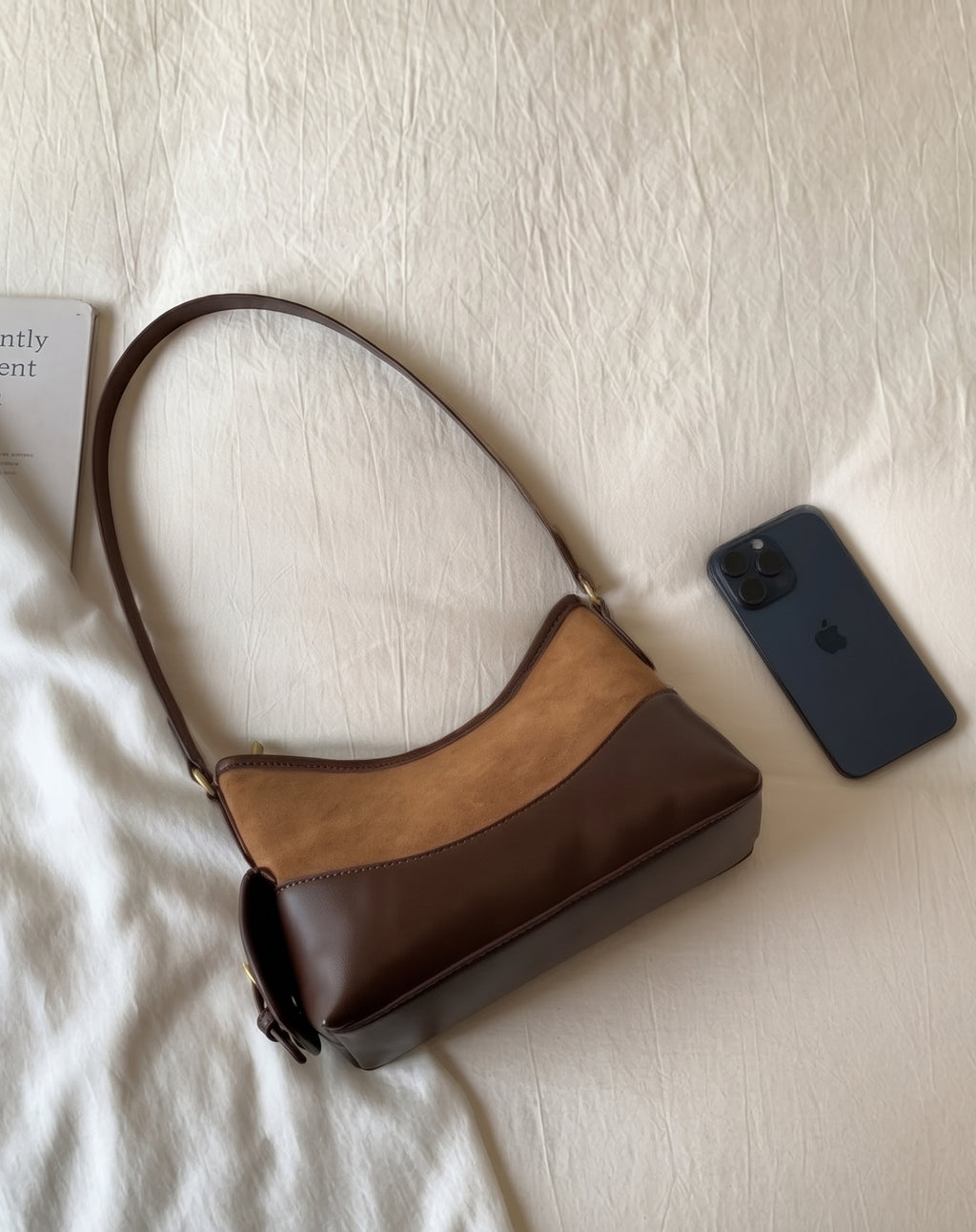 Vintage Faux Suede Shoulder Bag with PU Leather Trim