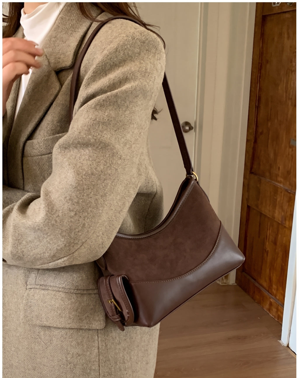 Vintage Faux Suede Shoulder Bag with PU Leather Trim