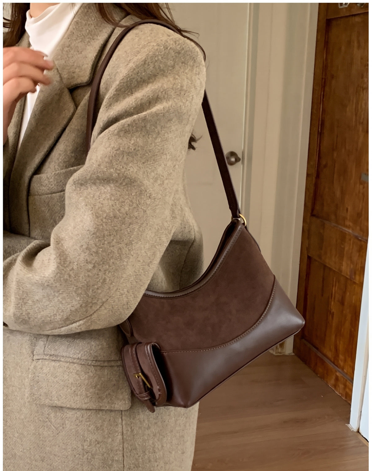 Vintage Faux Suede Shoulder Bag with PU Leather Trim