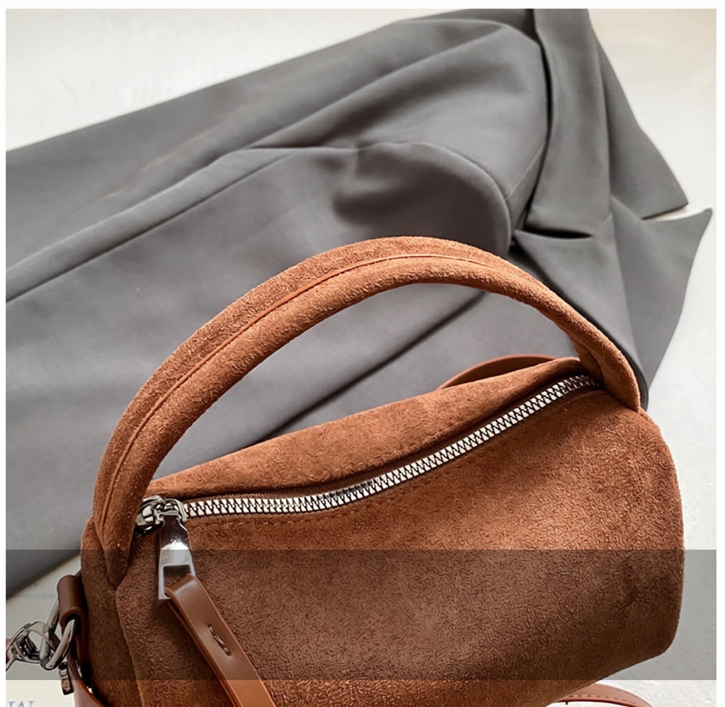 Vintage Faux Suede Mini Boston Handbag with Detachable Strap