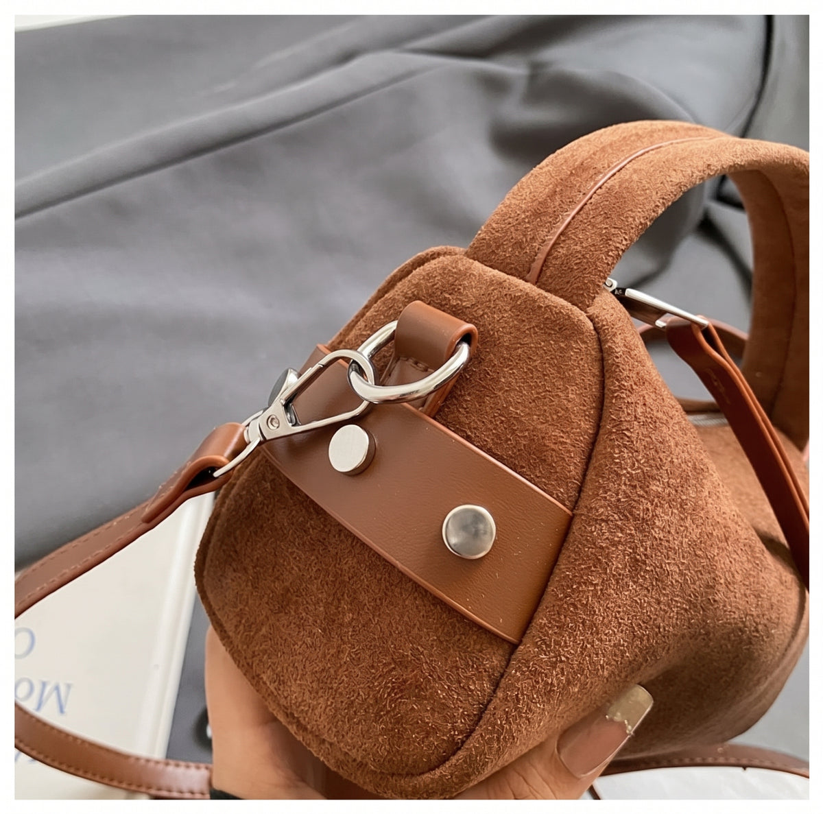 Vintage Faux Suede Mini Boston Handbag with Detachable Strap