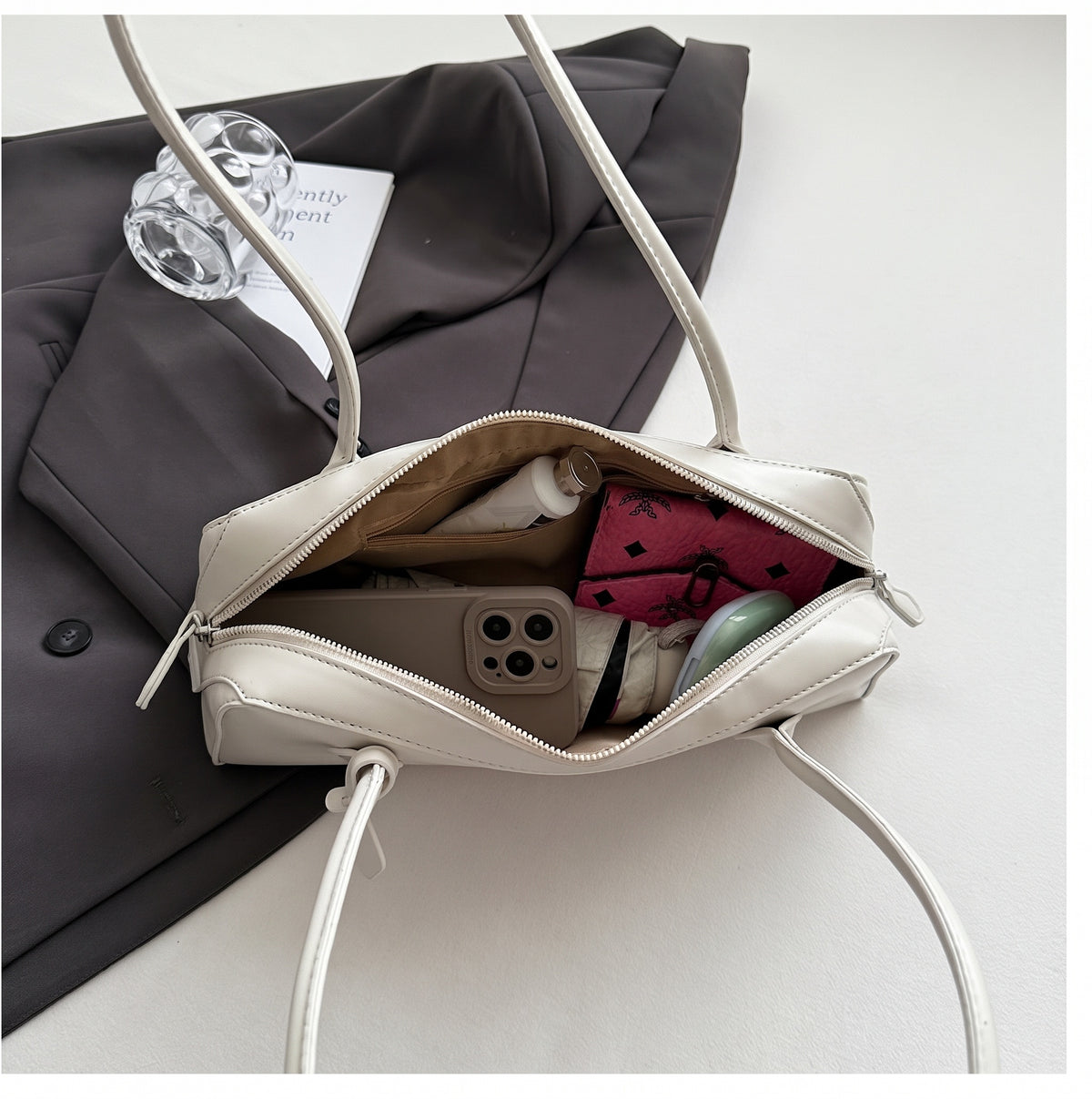 Minimalist East West PU Leather Baguette Shoulder Bag