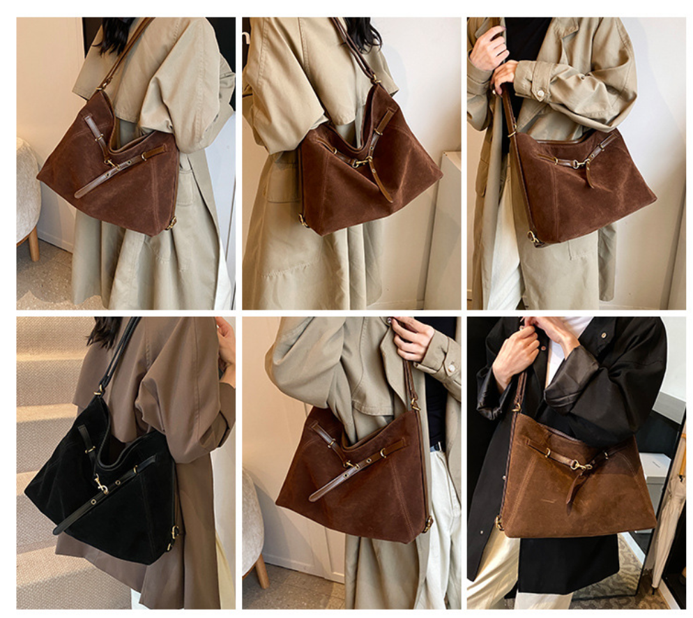 Cozy Suede Look Shoulder Bag with Buckle Detail