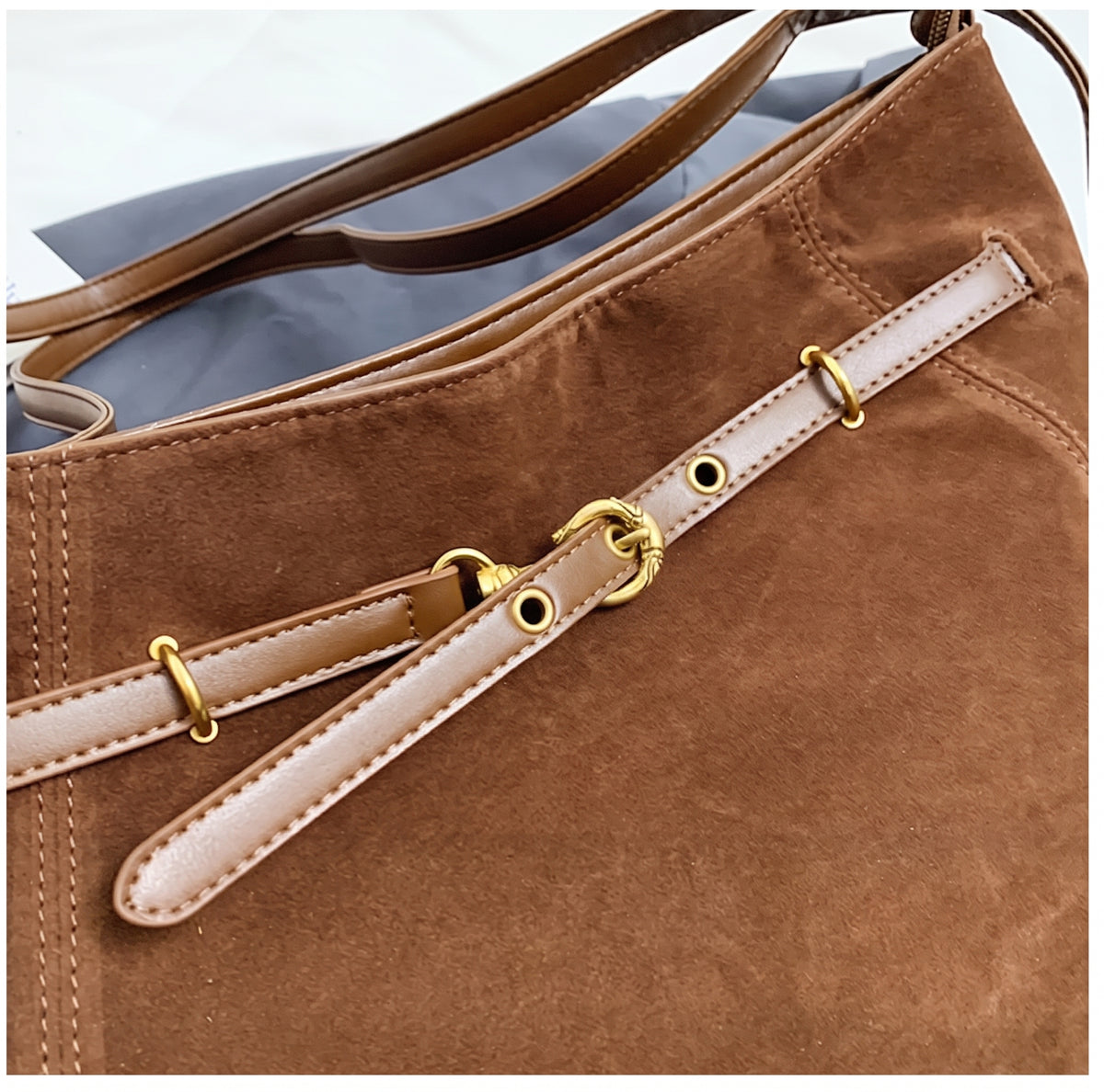 Cozy Suede Look Shoulder Bag with Buckle Detail