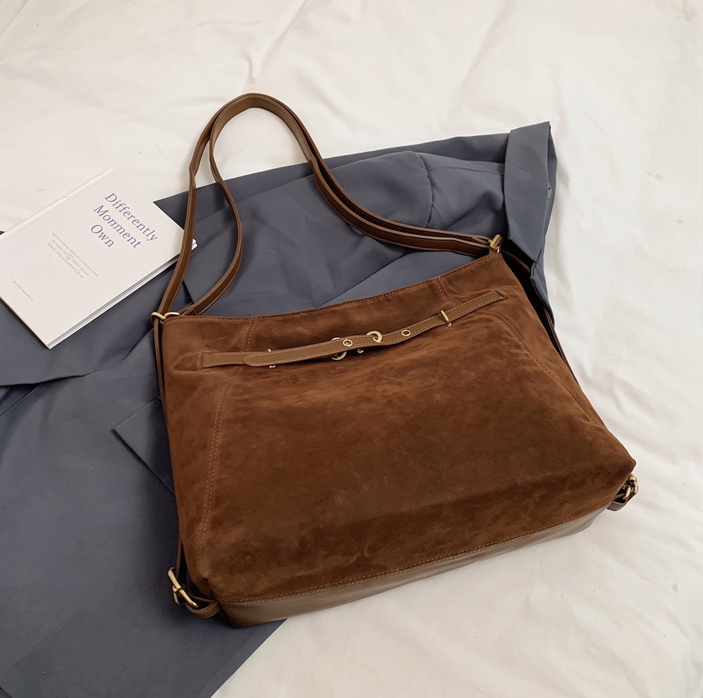 Cozy Suede Look Shoulder Bag with Buckle Detail