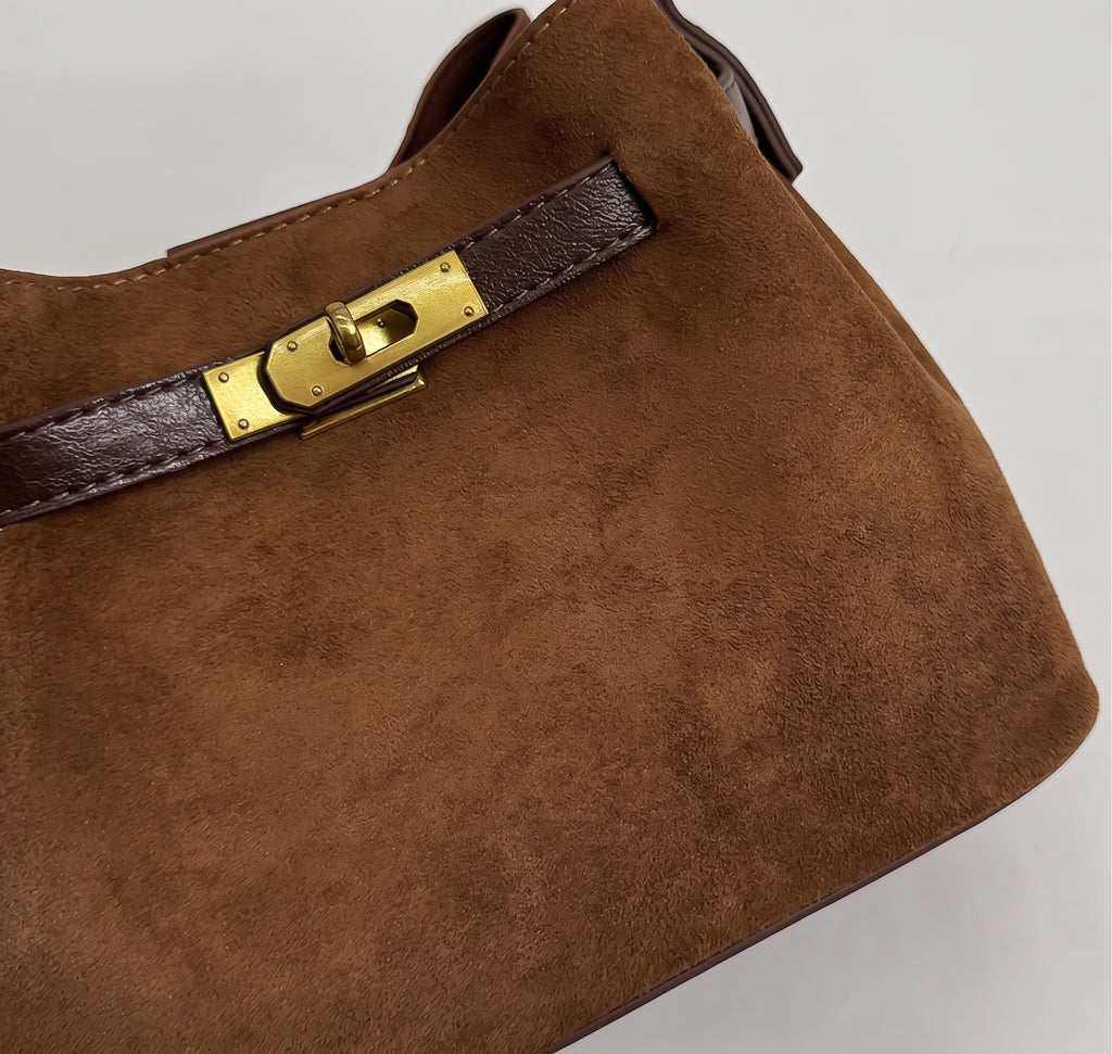 Suede Look Mini Bucket Bag with Metal Lock Detail and Adjustable Strap
