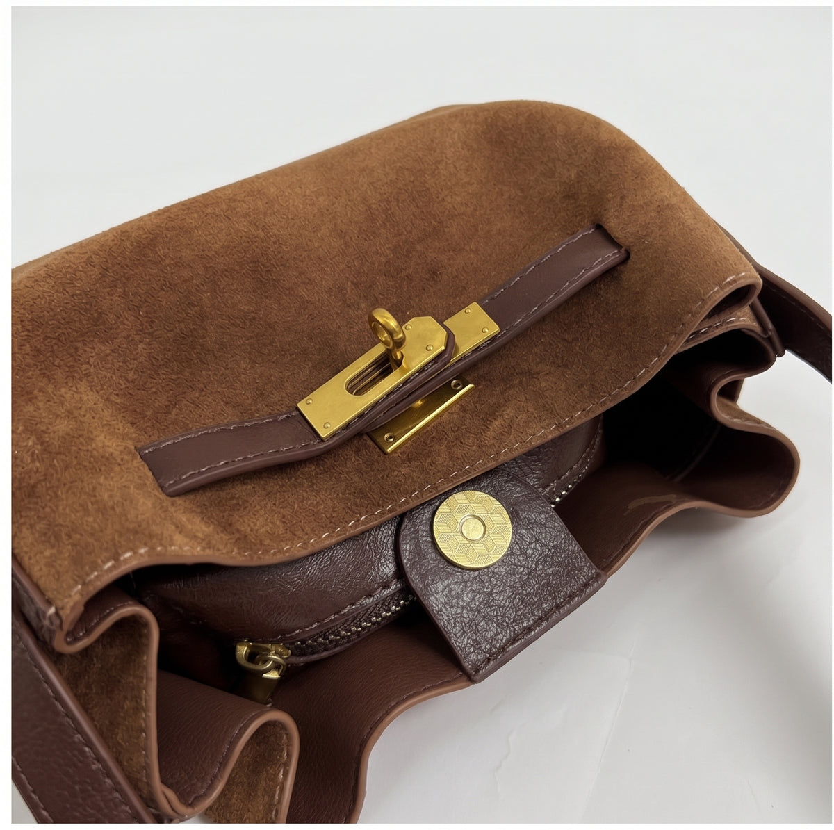 Suede Look Mini Bucket Bag with Metal Lock Detail and Adjustable Strap