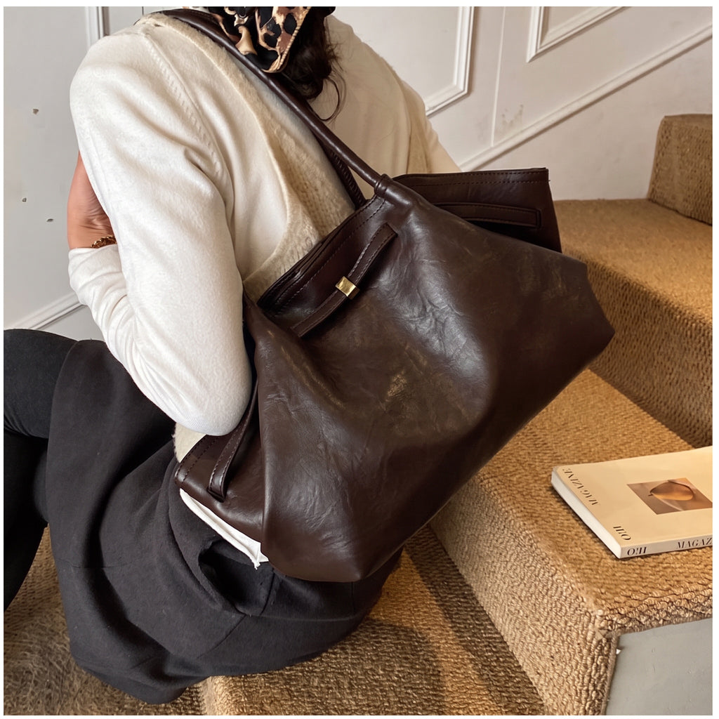 Soft PU Leather Shoulder Tote with Folded Side Details