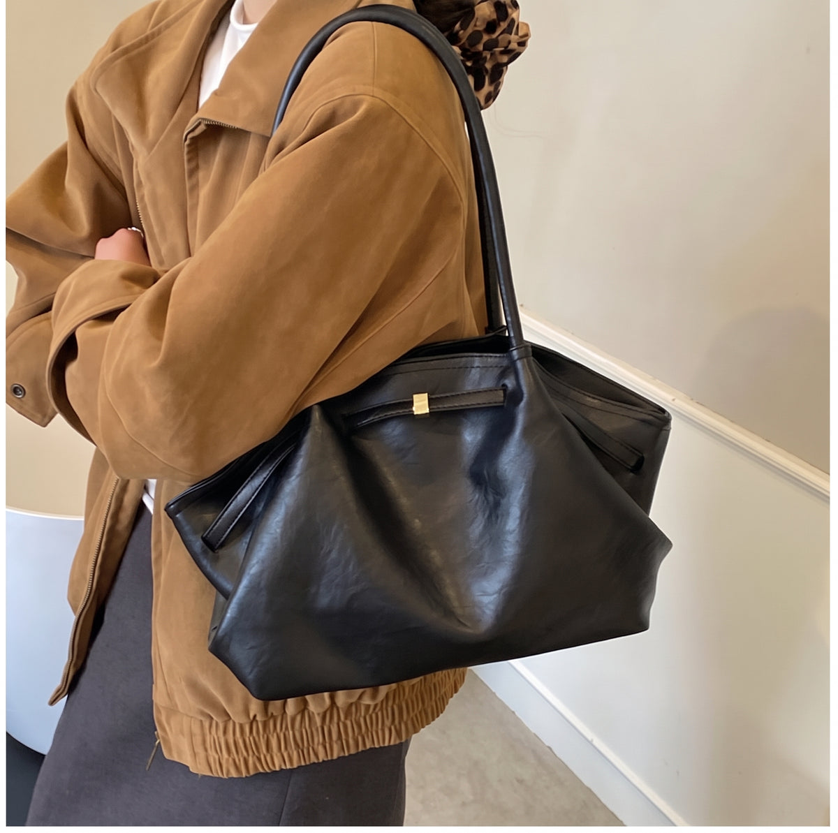 Soft PU Leather Shoulder Tote with Folded Side Details