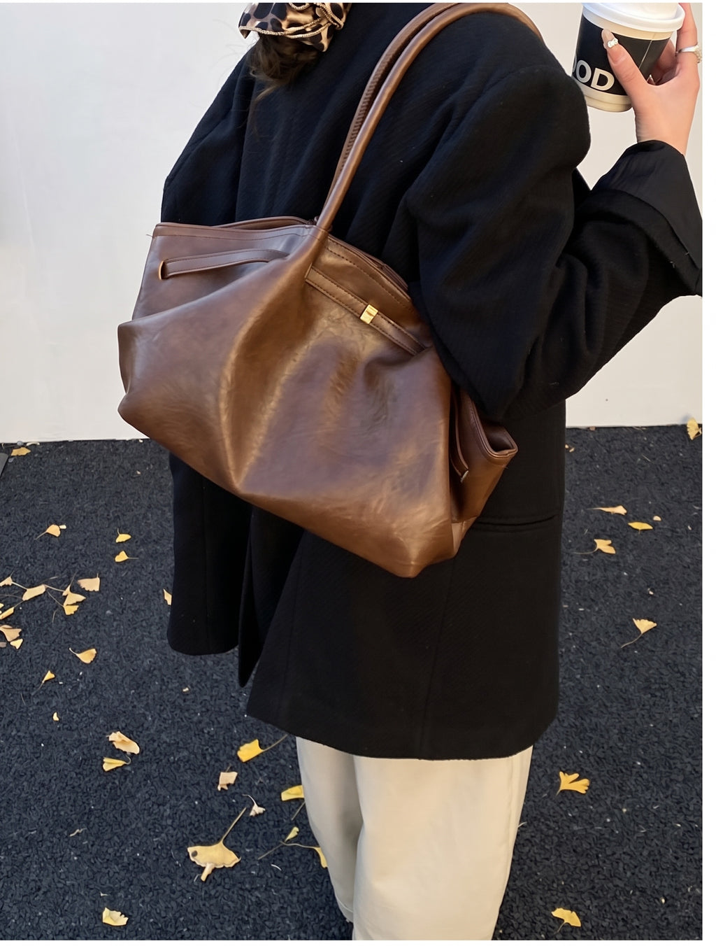 Soft PU Leather Shoulder Tote with Folded Side Details