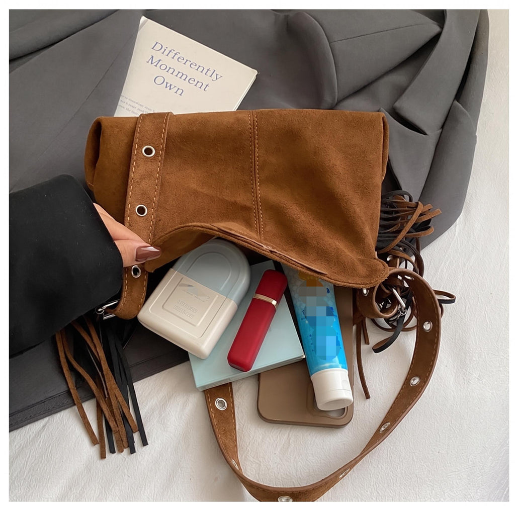 Vintage Faux Suede Fringe Crossbody Bag with Cutout Handle
