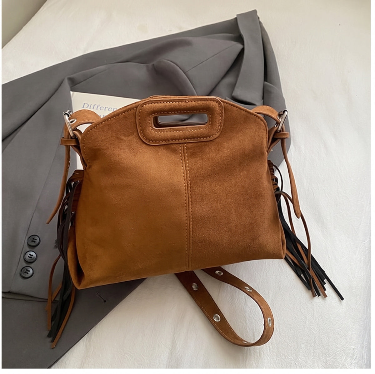 Vintage Faux Suede Fringe Crossbody Bag with Cutout Handle