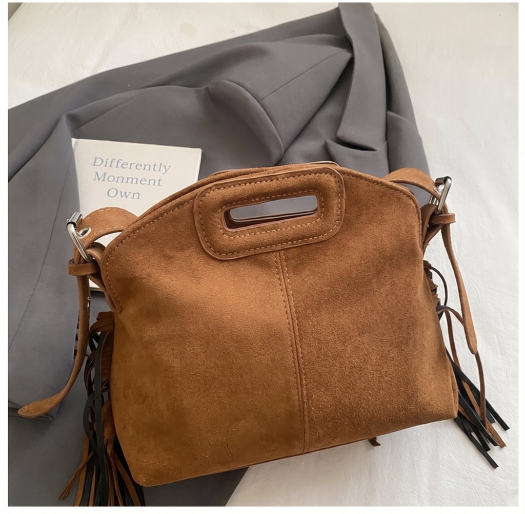 Vintage Faux Suede Fringe Crossbody Bag with Cutout Handle