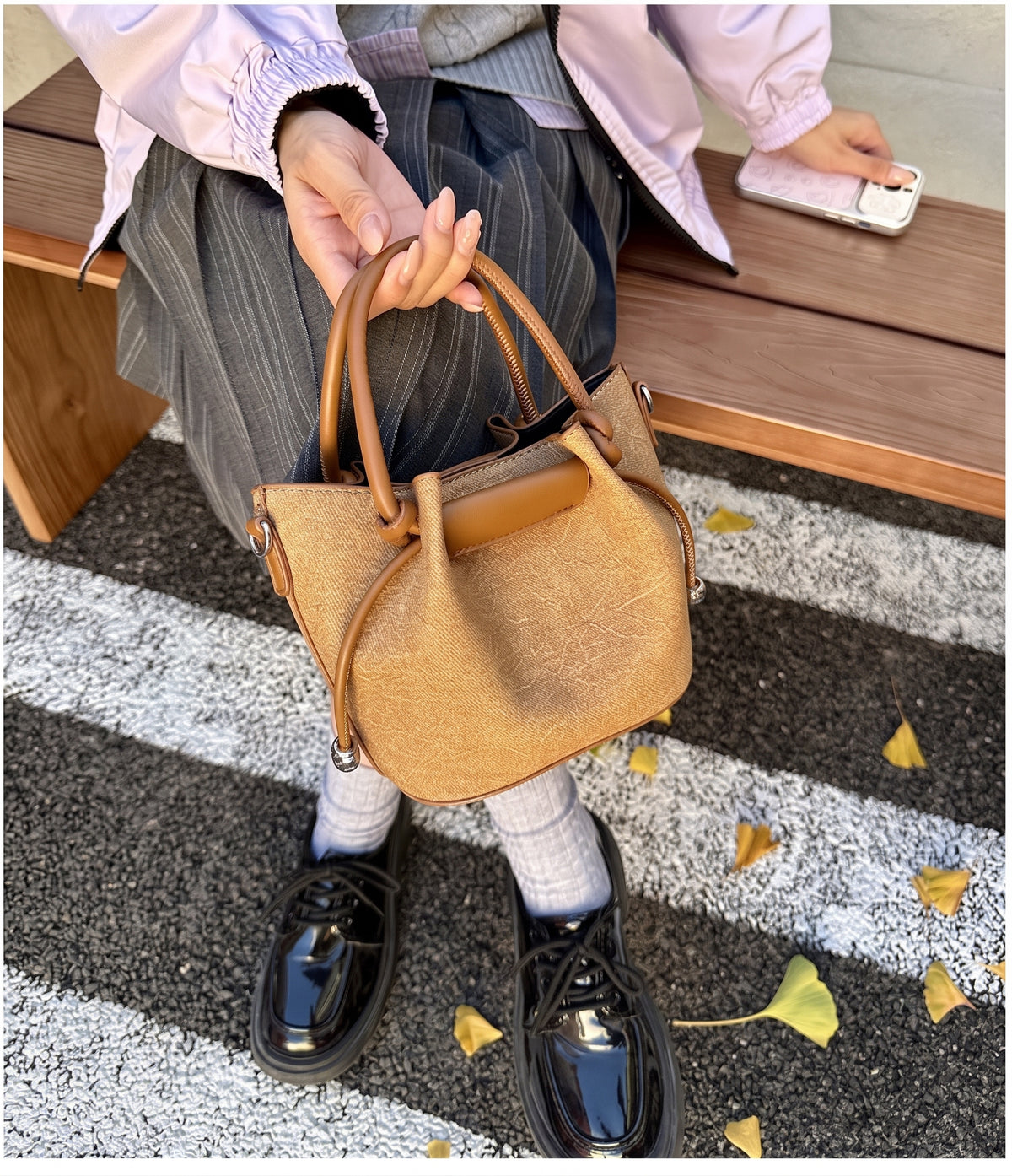 Textured PU Leather Mini Bucket Crossbody Bag