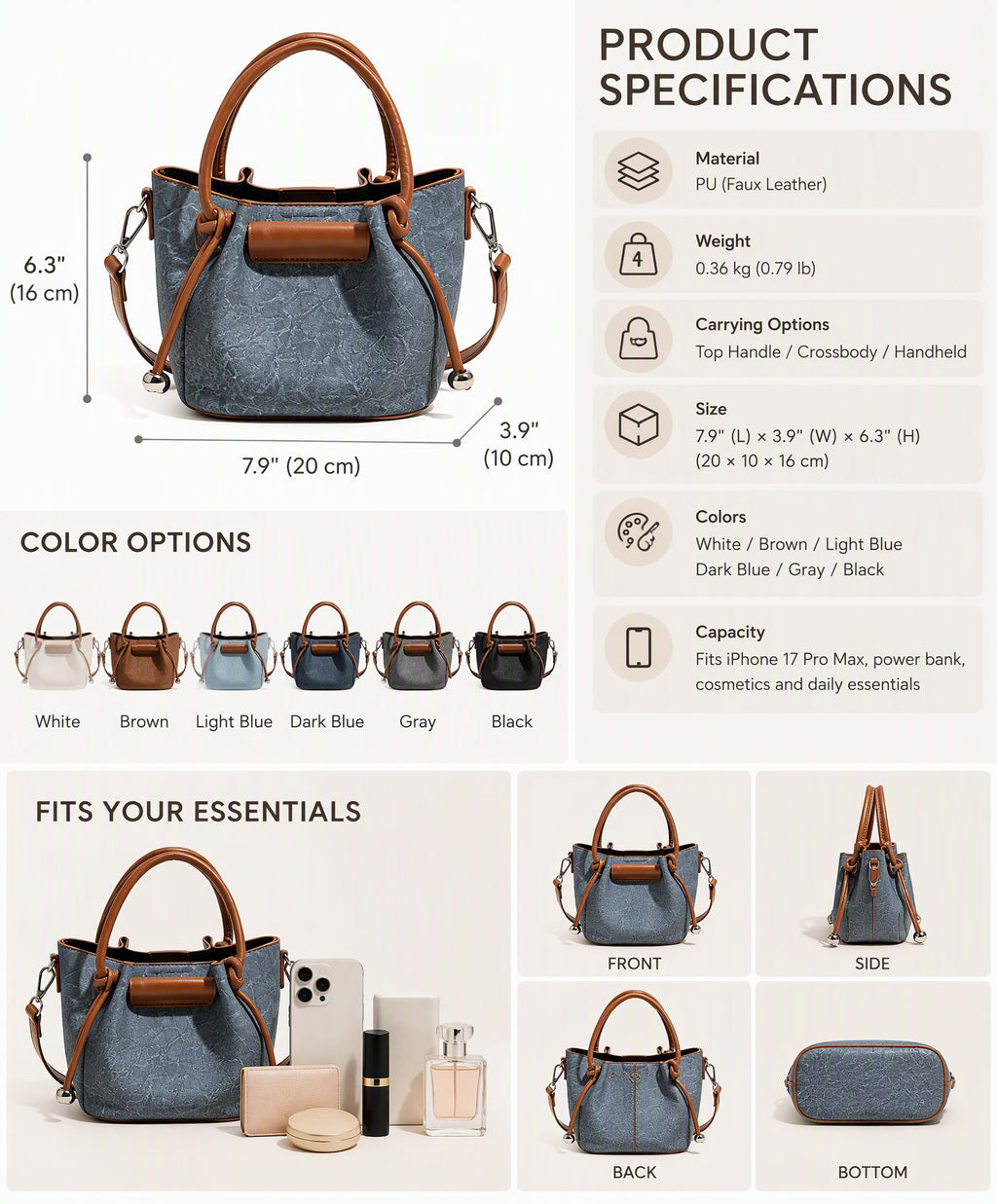 Textured PU Leather Mini Bucket Crossbody Bag
