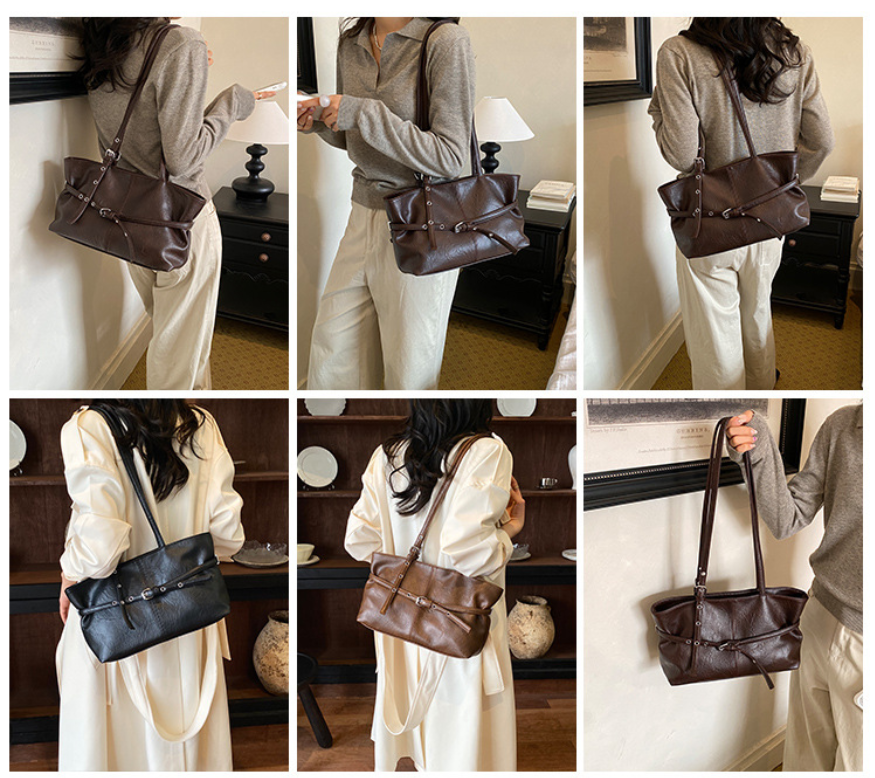 PU Leather Shoulder Tote Bag with Chic Belted Details