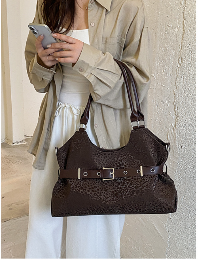 Leopard Print PU Leather Belted Shoulder Tote Bag with Detachable Strap