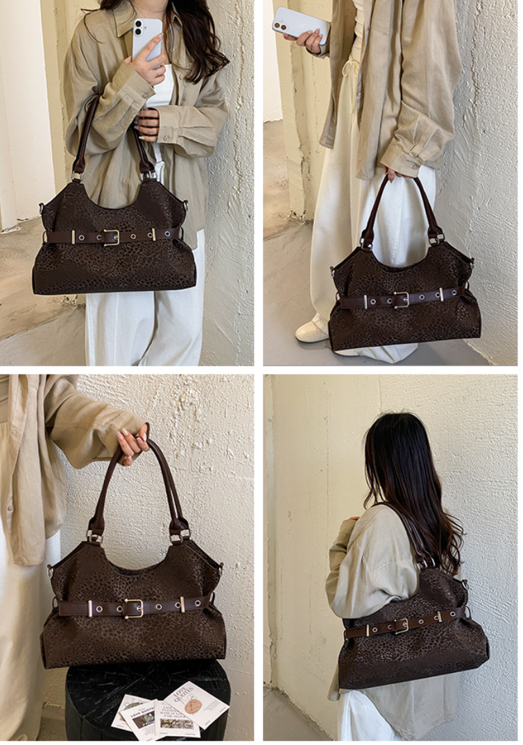 Leopard Print PU Leather Belted Shoulder Tote Bag with Detachable Strap