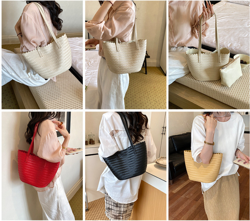 Woven PU Leather Shoulder Tote Bag with Scalloped Edge