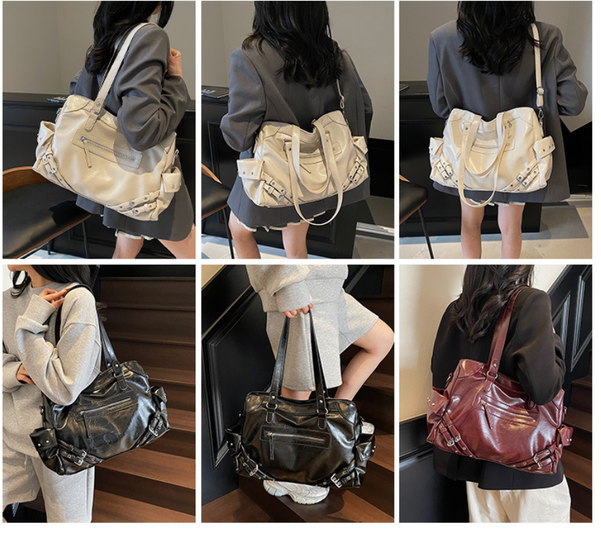 Retro Glossy Faux Leather Tote Bag with Multiple Pockets