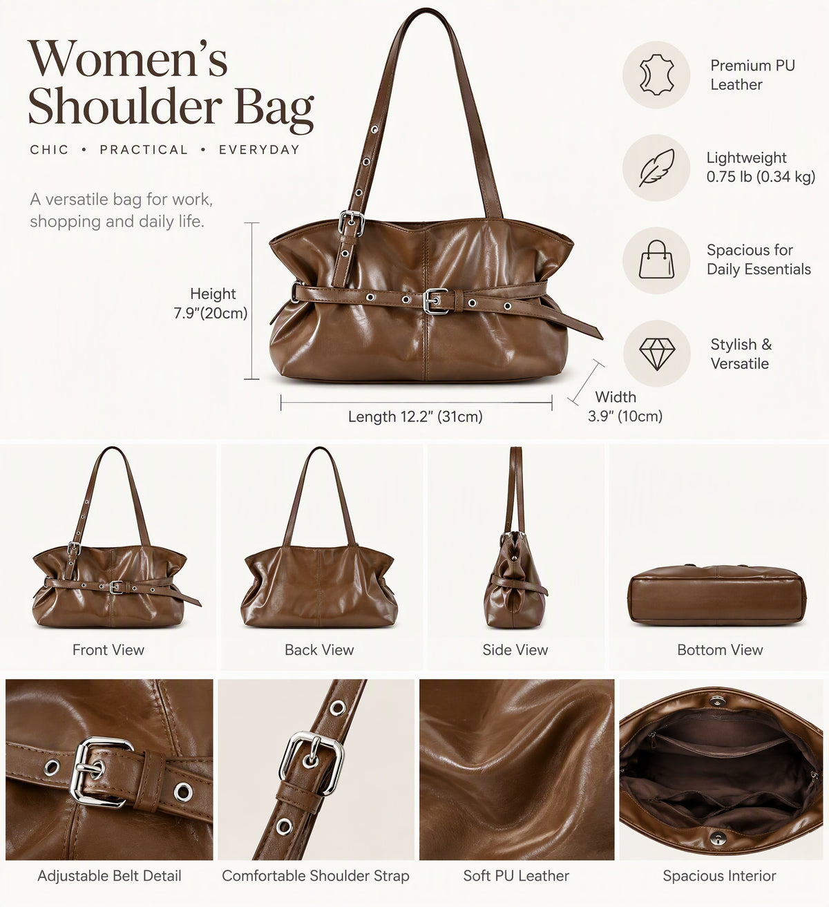 Vintage PU Leather Shoulder Bag with Elegant Belted Accents