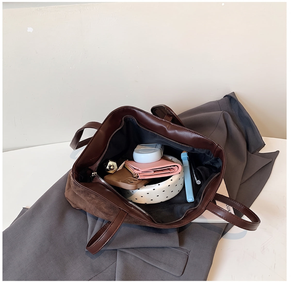 Soft Faux Suede Shoulder Tote Bag with Matching Pouch