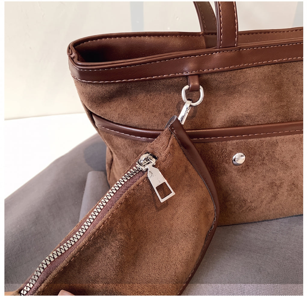 Soft Faux Suede Shoulder Tote Bag with Matching Pouch